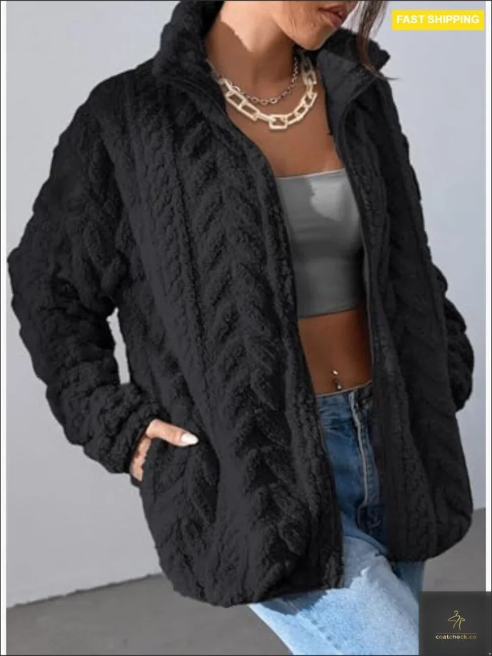 Oversized Fleece Jacket Casual Chic Winter Cozy Teddy Fabric Stand Collar